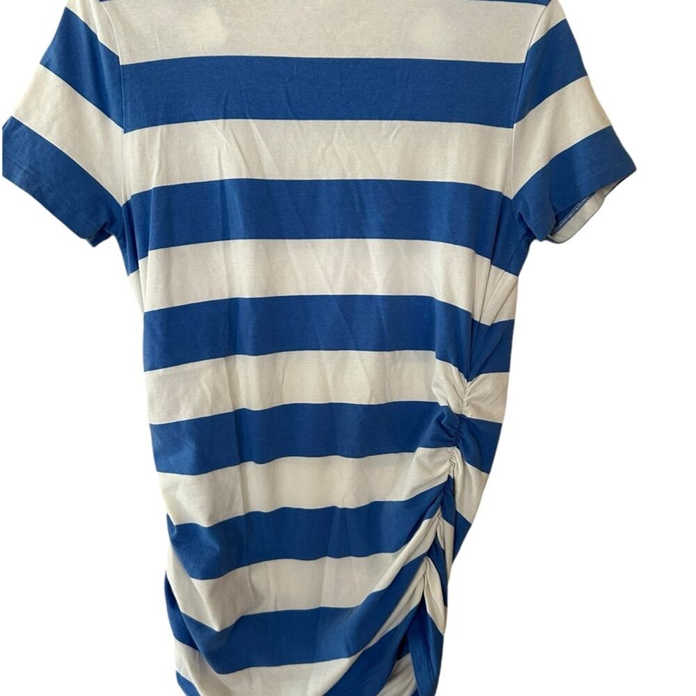 Michael Kors T-Shirt Womens Medium Striped Zip Shoulder Ruched Sides Blue White - Picture 2 of 11